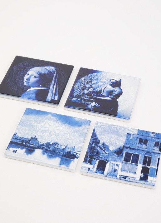 Heinen Delfts Blauw Vermeer onderzetter van keramiek set van 4 - voorkant 2 blauw