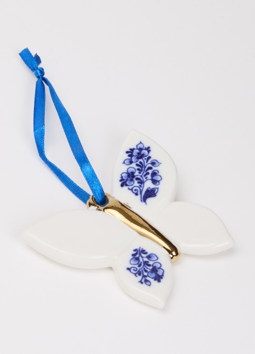 Heinen Delfts Blauw Vlinder kersthanger 6 cm - detail 2 gebroken wit