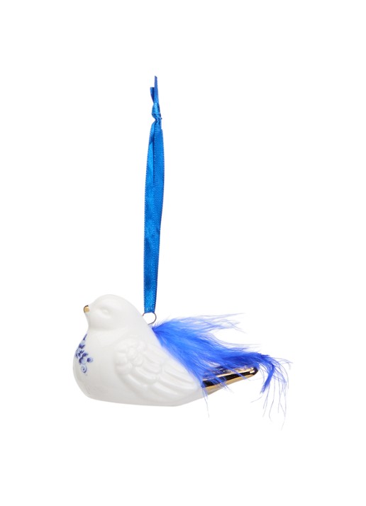 Heinen Delfts Blauw Vogel Met Veer kersthanger 5 cm