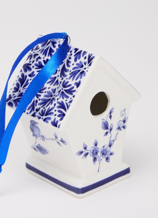 Heinen Delfts Blauw Vogelhuisje kersthanger 7,5 cm - detail 2 gebroken wit