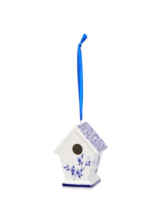 Heinen Delfts Blauw Vogelhuisje kersthanger 7,5 cm - voorkant gebroken wit