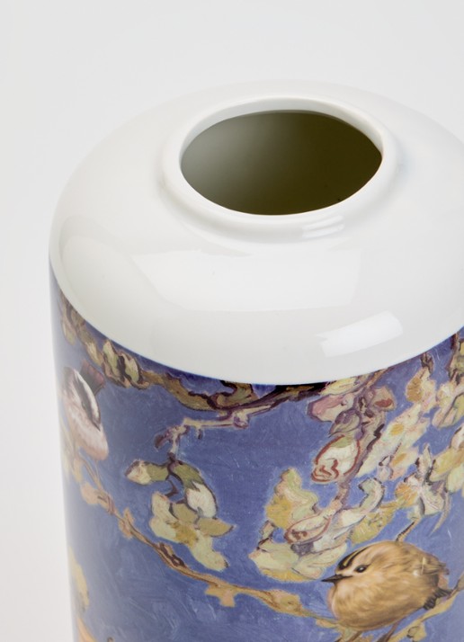 Heinen Delfts Blauw Vogels van Van Gogh vaas 31 cm - voorkant 2 blauw