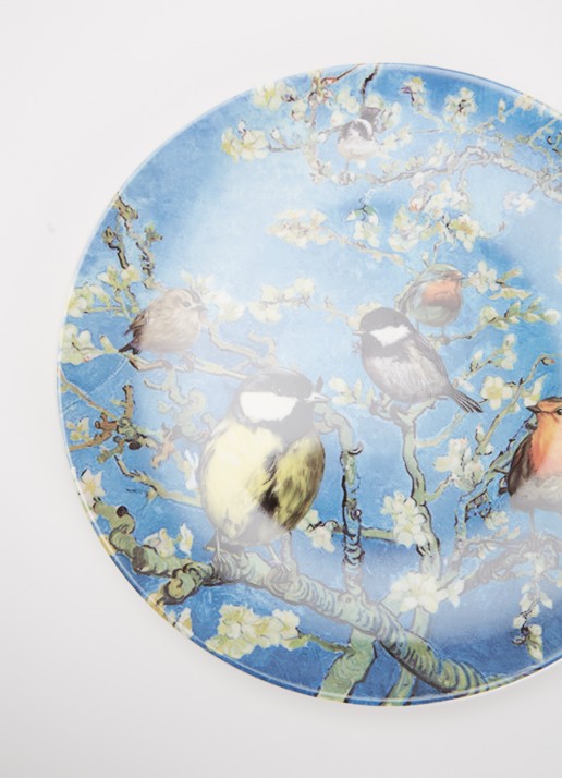 Heinen Delfts Blauw Vogels van Van Gogh wandbord 31 cm - detail blauw