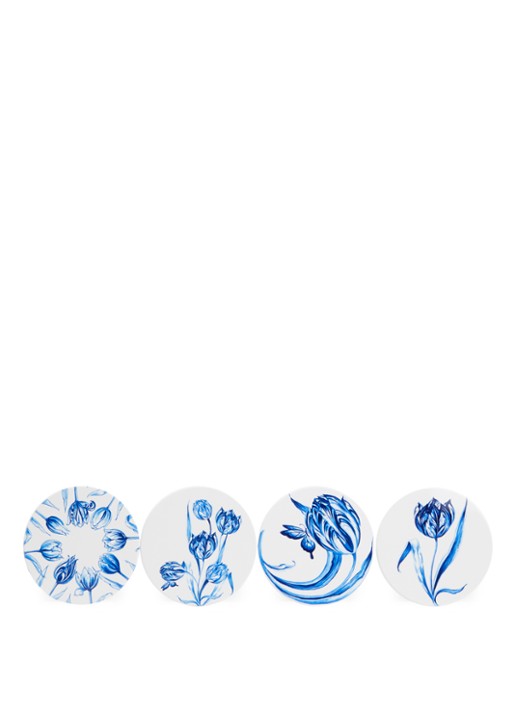 Heinen Delfts Blauw Vrolijke Tulpen onderzetter van keramiek set van 4