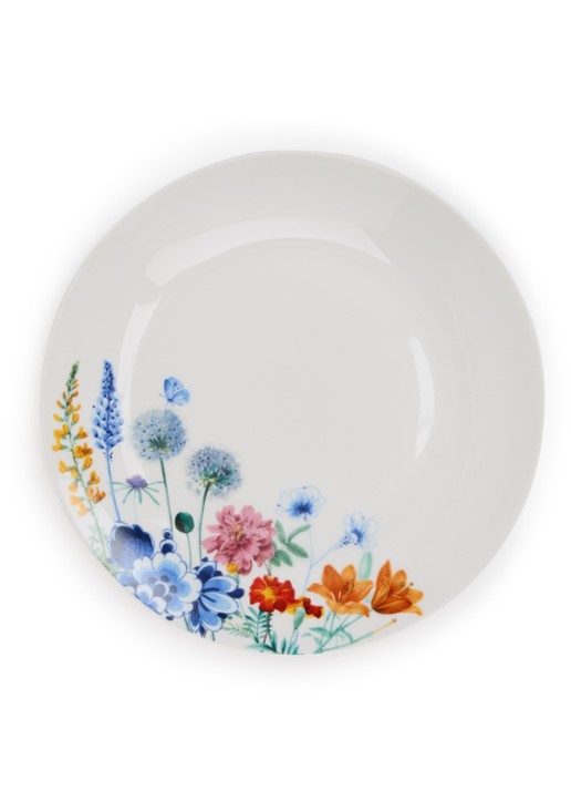 Heinen Delfts Blauw Wildbloemen ontbijtbord 20 cm - voorkant wit