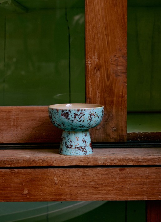 HKliving 70's Patina tapasschaaltje op voet 11 cm - voorkant 2 donkerblauw