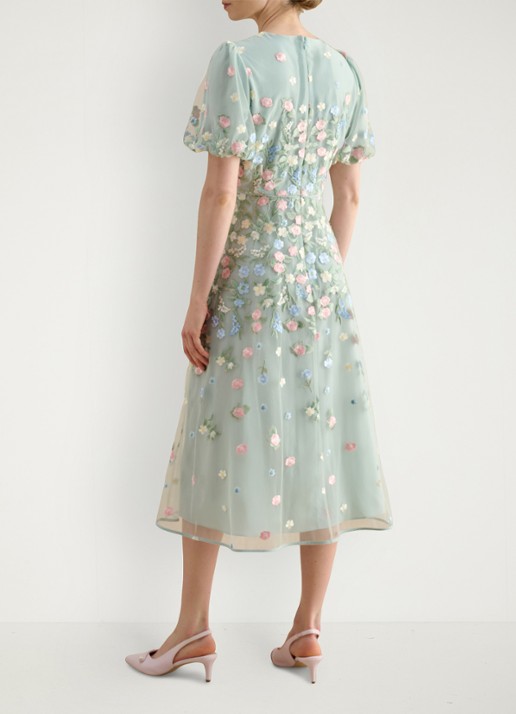 Hobbs Audra midi jurk met bloemborduring en pofmouw - achterkant 4 lichtgroen