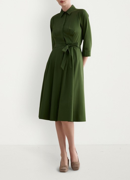 Hobbs Brigitta midi blousejurk met strikceintuur - detail groen