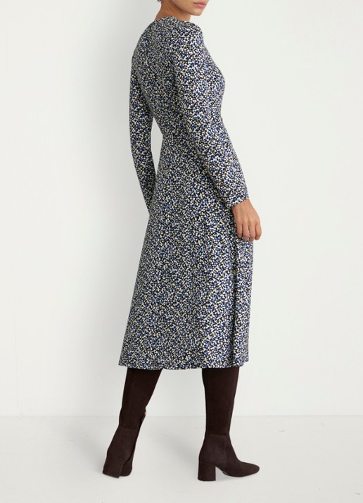Hobbs Dakota midi jurk met grafisch patroon en strikceintuur - achterkant 4 donkerblauw