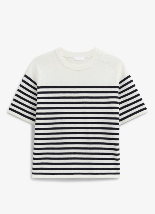 Hobbs Demi fijngebreid T-shirt in kasjmierblend met streepprint - voorkant gebroken wit