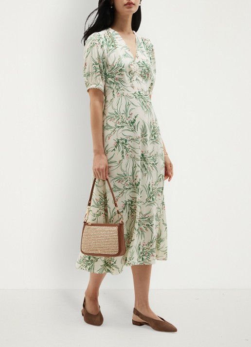 Hobbs Florentina midi jurk met bloemenprint - detail 4 lichtgroen