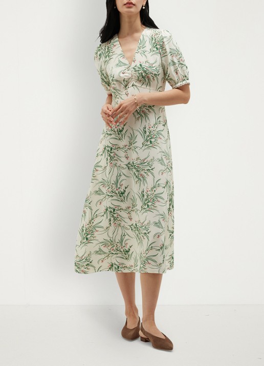 Hobbs Florentina midi jurk met bloemenprint - voorkant 2 lichtgroen