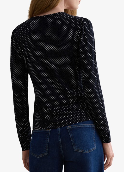Hobbs Hannah top met v-hals en stippenprint - achterkant donkerblauw