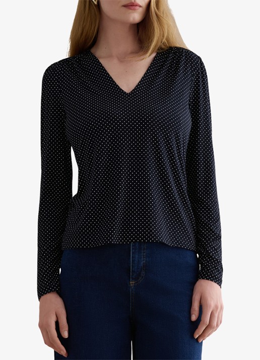 Hobbs Hannah top met v-hals en stippenprint - detail 4 donkerblauw