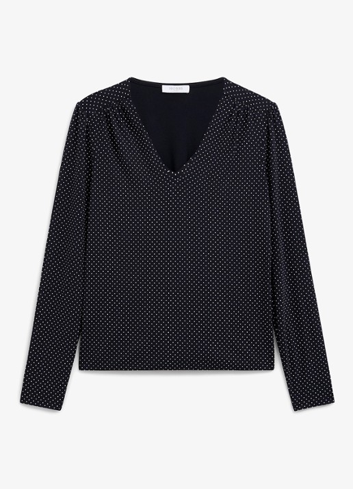 Hobbs Hannah top met v-hals en stippenprint - voorkant 2 donkerblauw