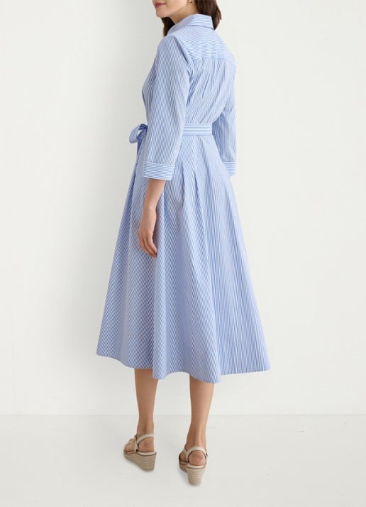 Hobbs Jane midi blousejurk met streepprint en strikceintuur - achterkant lichtblauw