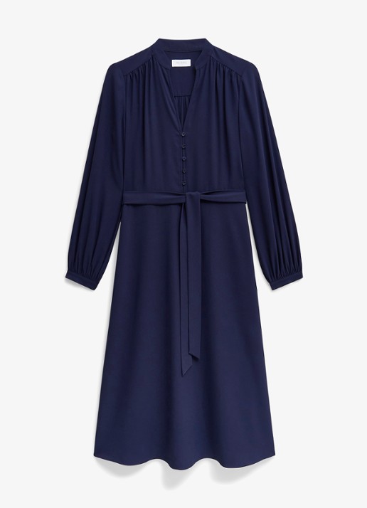 Hobbs Lettie midi jurk met strikceintuur - voorkant donkerblauw
