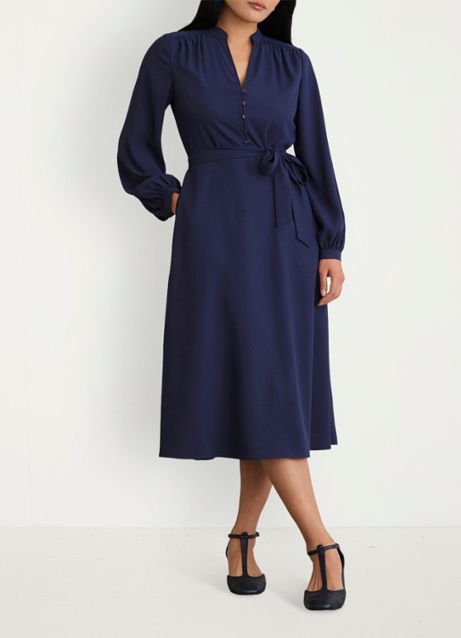 Hobbs Lettie midi jurk met strikceintuur - voorkant 2 donkerblauw