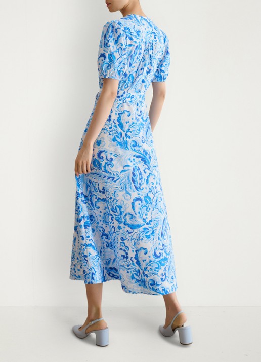 Hobbs Libby midi jurk met print en strikceintuur - achterkant blauw