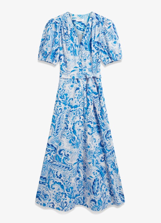 Hobbs Libby midi jurk met print en strikceintuur - voorkant 2 blauw