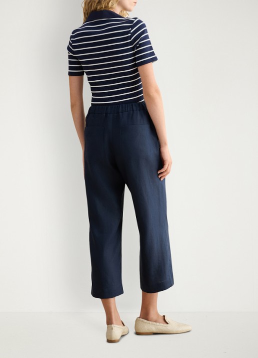 Hobbs Lillie high waist cropped loose fit pantalon van linnen - achterkant donkerblauw