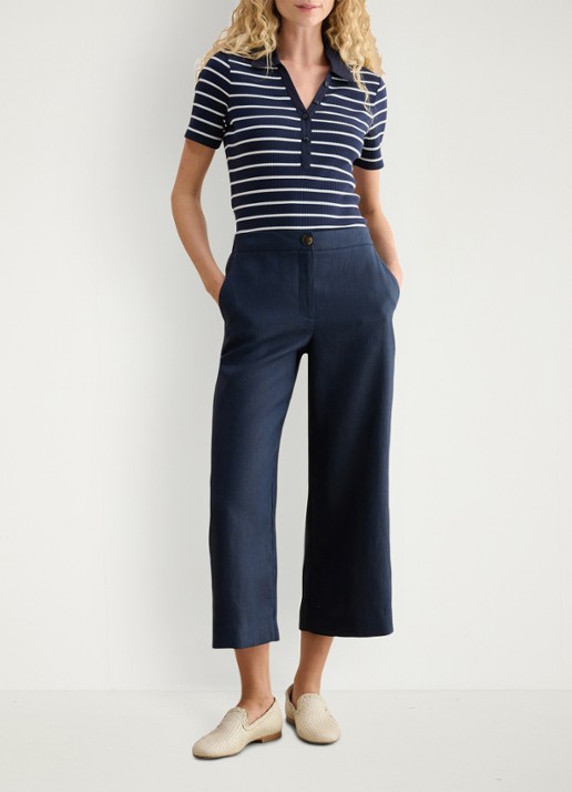 Hobbs Lillie high waist cropped loose fit pantalon van linnen - voorkant 5 donkerblauw