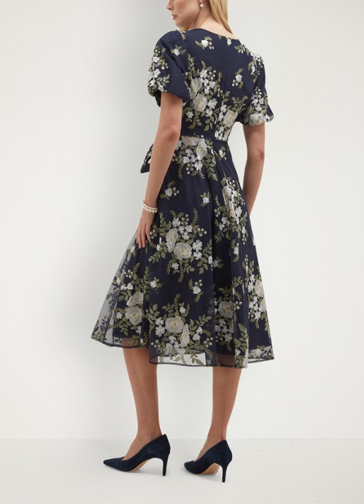 Hobbs Midi jurk met bloemenprint met V-hals - achterkant 6 donkerblauw