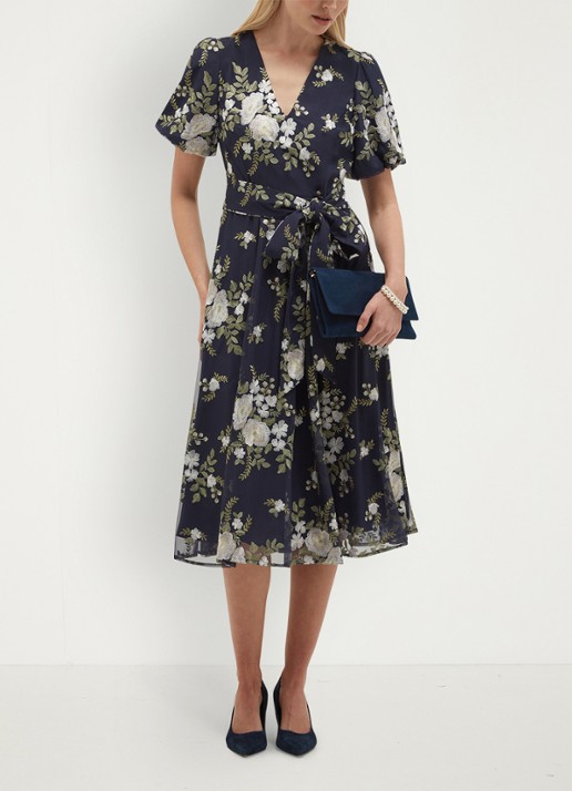 Hobbs Midi jurk met bloemenprint met V-hals - detail 4 donkerblauw