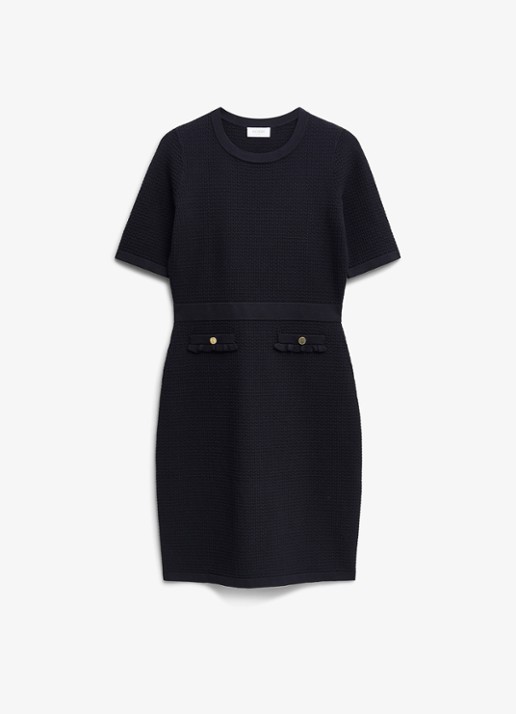 Hobbs Petra fijngebreide mini jurk met sierknopen - voorkant donkerblauw