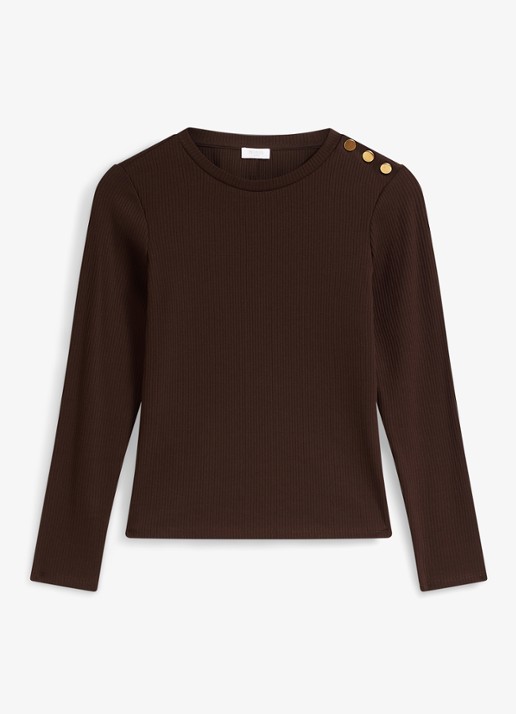 Hobbs Tamsin ribgebreide longsleeve met sierknopen - voorkant bruin