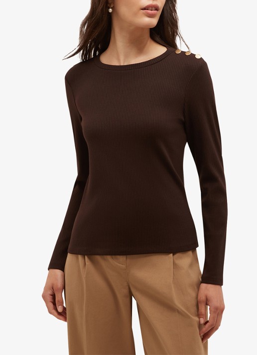 Hobbs Tamsin ribgebreide longsleeve met sierknopen - voorkant 2 bruin