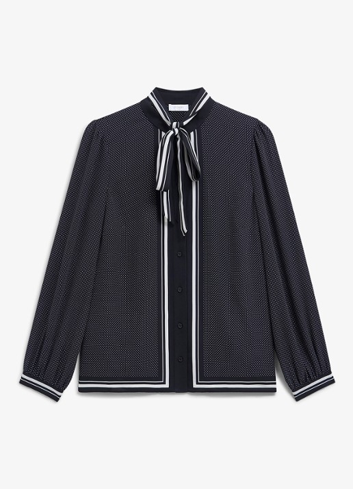 Hobbs Valerie blouse met stippenprint en sjaalkraag - voorkant donkerblauw