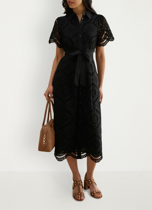 Hobbs Willa midi blousejurk met broderie en steekzakken - detail 3 zwart