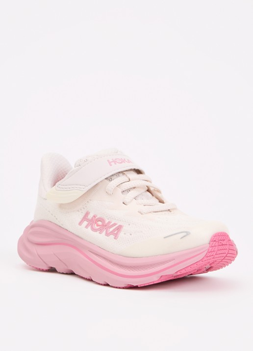 HOKA Clifton 10 hardloopschoen met gebreid bovenwerk en logo - voorkant roze