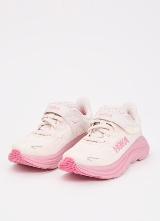 HOKA Clifton 10 hardloopschoen met gebreid bovenwerk en logo - voorkant 2 roze