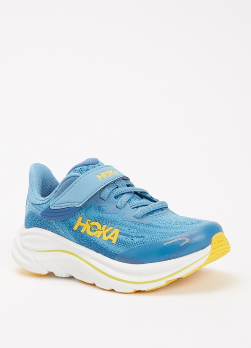 HOKA Clifton 10 hardloopschoen met gebreid bovenwerk en logo - voorkant 2 blauw