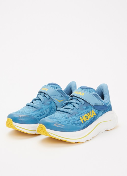 HOKA Clifton 10 hardloopschoen met gebreid bovenwerk en logo - voorkant 3 blauw