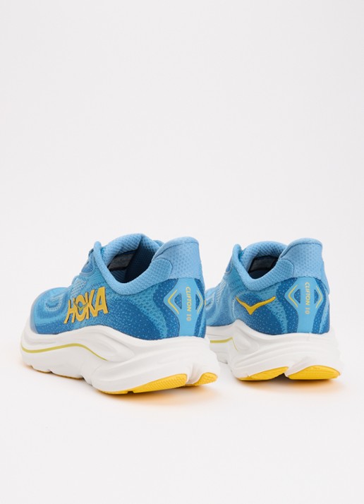 HOKA Clifton 10 hardloopschoen met gebreid bovenwerk en logo - achterkant donkerblauw