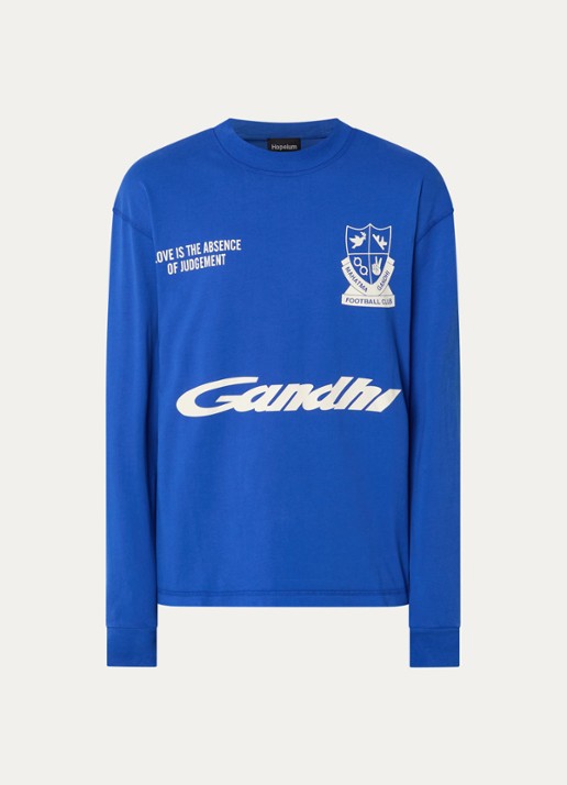 Hopeium Ghandi longsleeve met front- en backprint - voorkant kobaltblauw