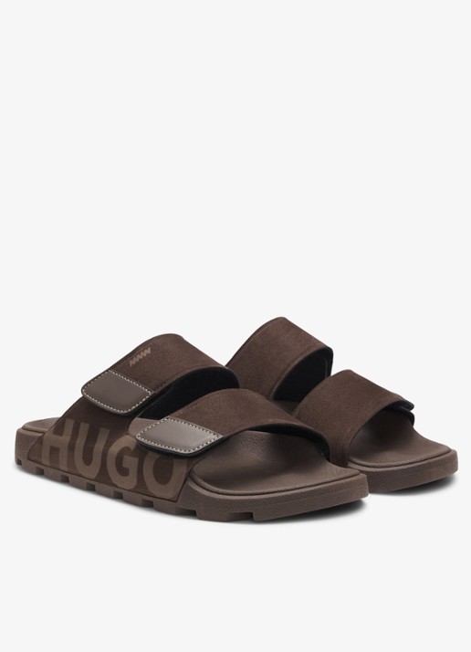 HUGO Badslipper met logo - voorkant 3 donkerbruin