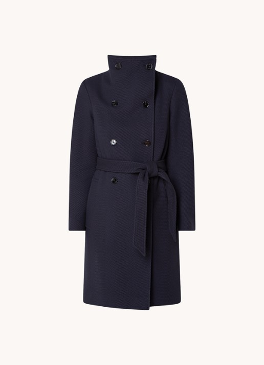 HUGO BOSS Cedandy1 double-breasted mantel in wolblend met strikceintuur - voorkant donkerblauw