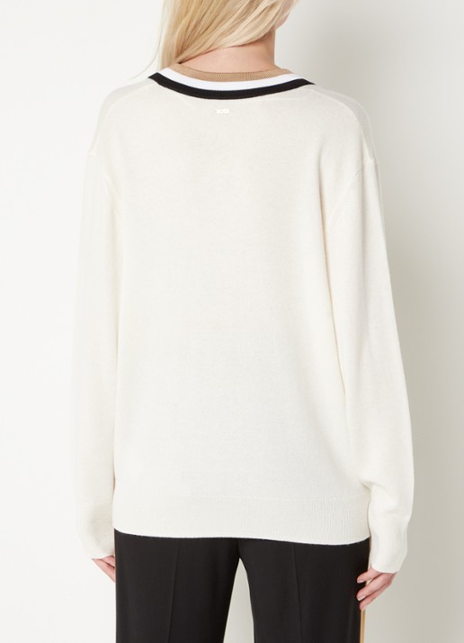 HUGO BOSS Felipina fijngebreide pullover in kasjmierblend met V-hals - achterkant gebroken wit