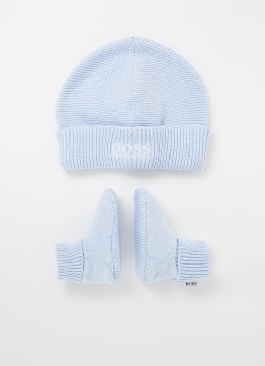 HUGO BOSS Set met mutsje en slofjes in kasjmierblend 2-delig - voorkant lichtblauw