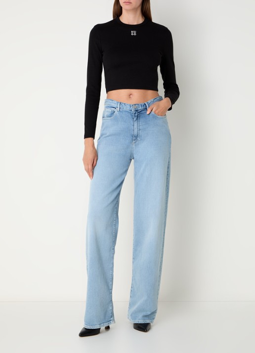 HUGO Dafilomena cropped longsleeve met logoborduring - voorkant 3 zwart
