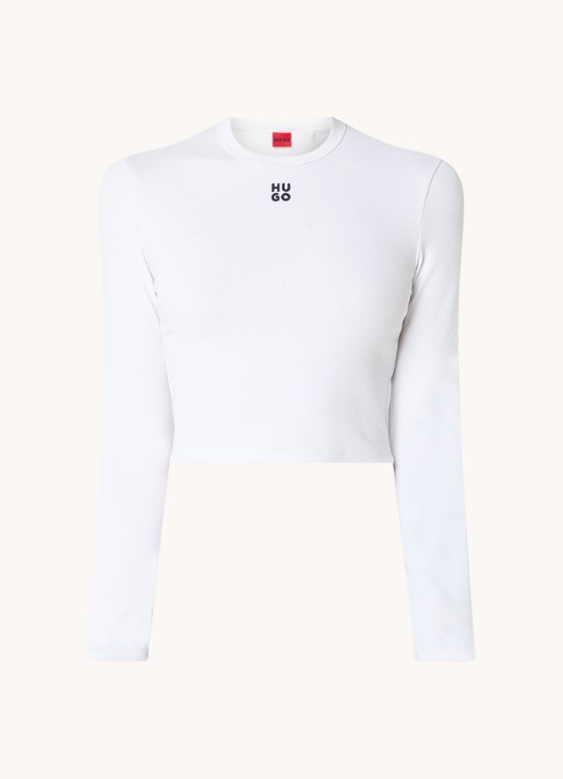 HUGO Dafilomena cropped longsleeve met logoborduring - voorkant wit