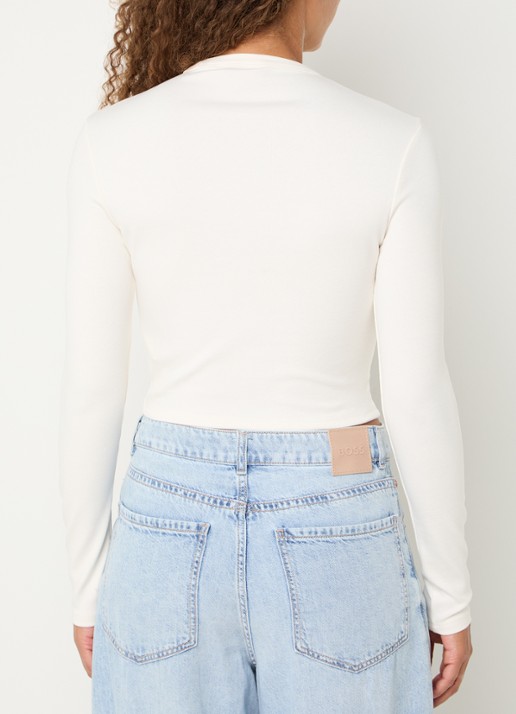 HUGO Dafilomena cropped longsleeve met logoborduring - achterkant 3 creme
