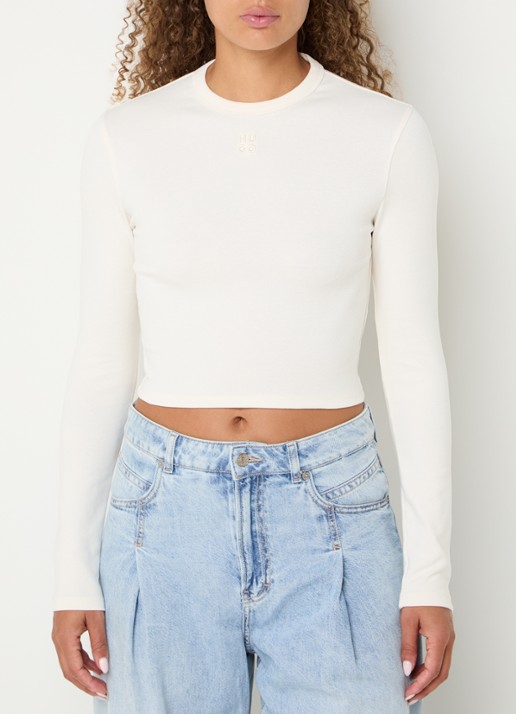 HUGO Dafilomena cropped longsleeve met logoborduring - detail 4 creme