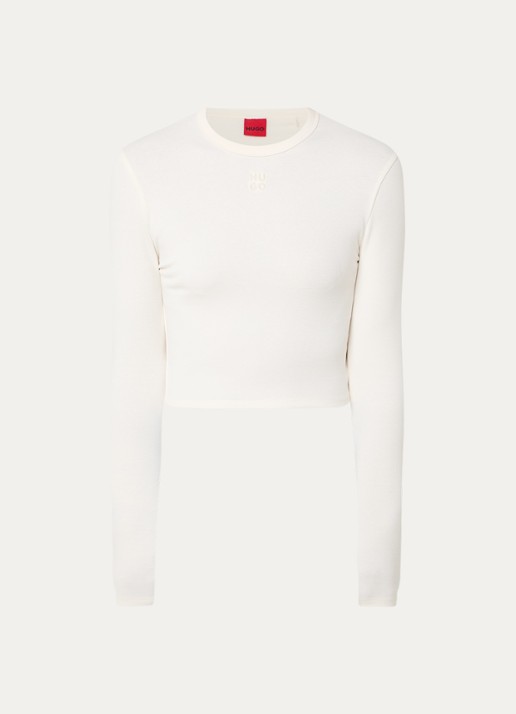 HUGO Dafilomena cropped longsleeve met logoborduring - voorkant creme
