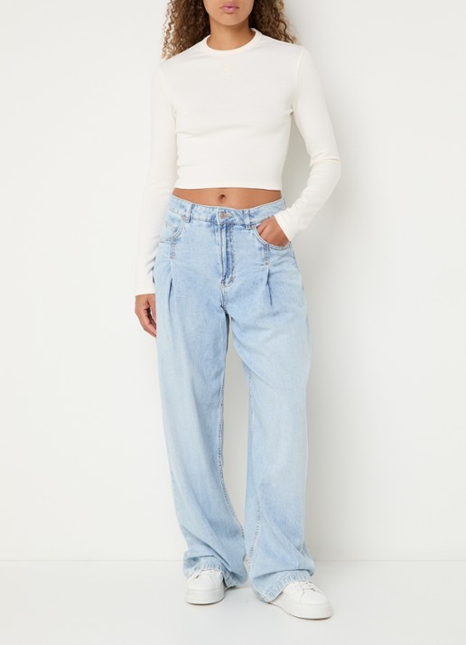 HUGO Dafilomena cropped longsleeve met logoborduring - voorkant 2 creme