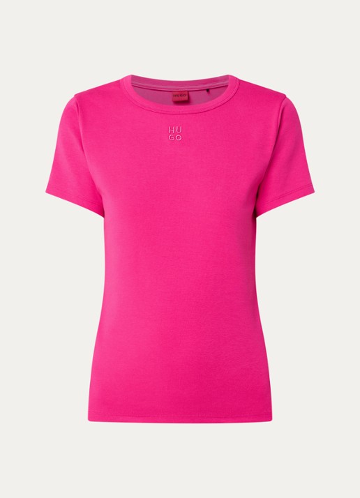 HUGO Deloris T-shirt met logoborduring - voorkant 3 fuchsia